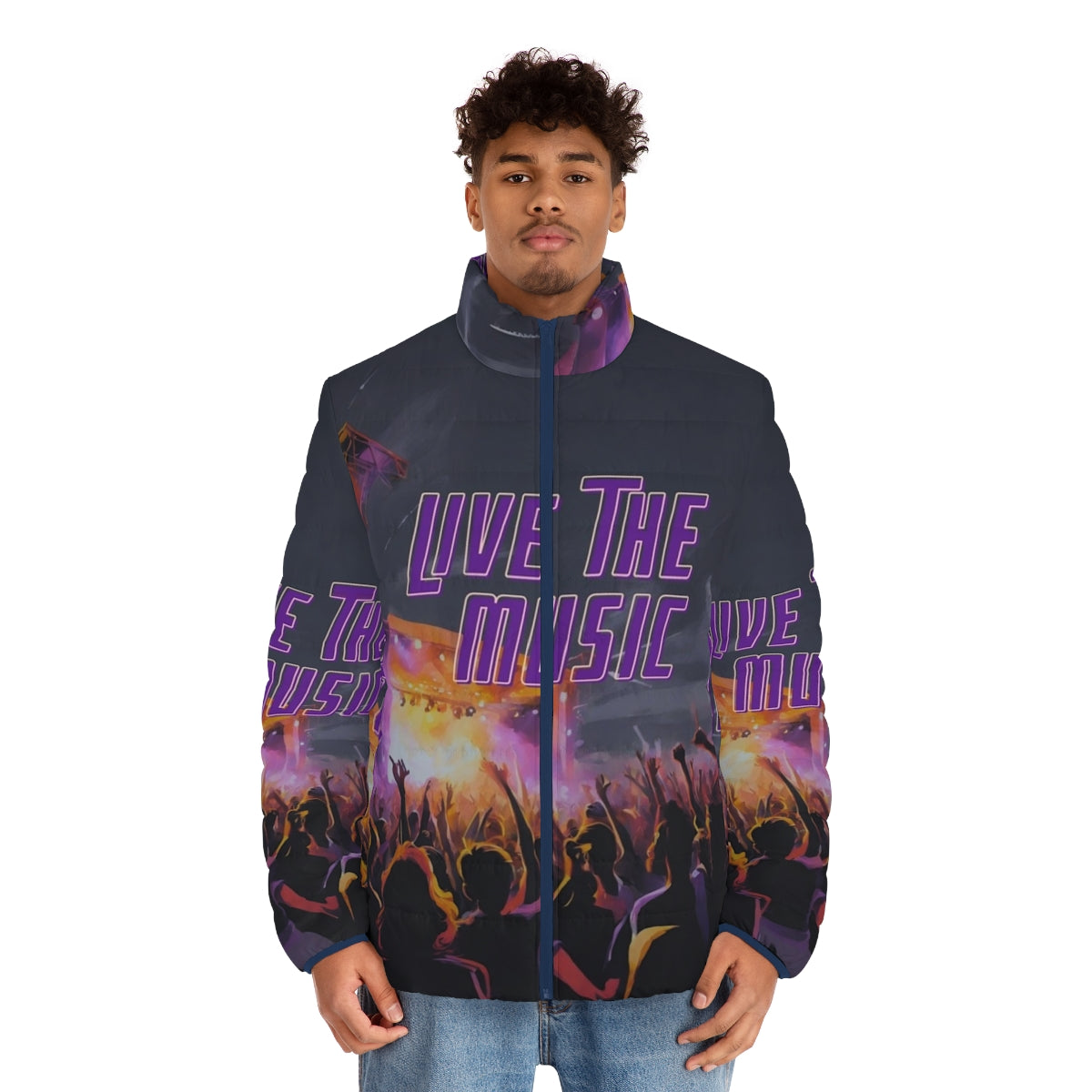 Live The Music Puffer Jacket, featuring music-inspired design and techno fashion style - men front