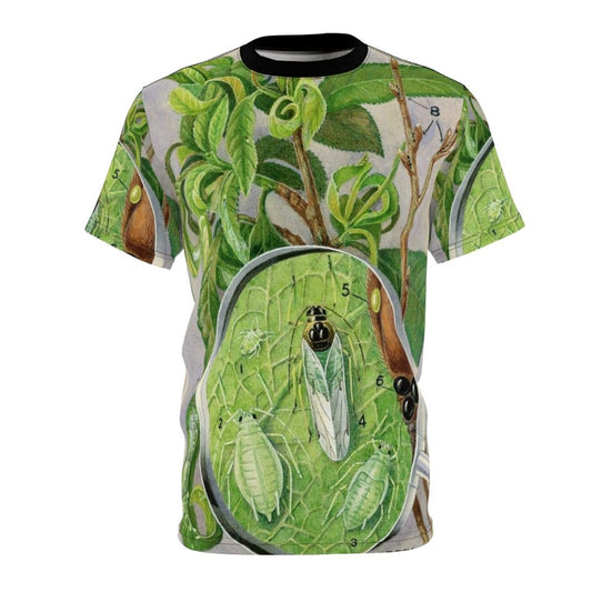 T-shirt featuring a detailed illustration of a green peach aphid, a common plant pest.