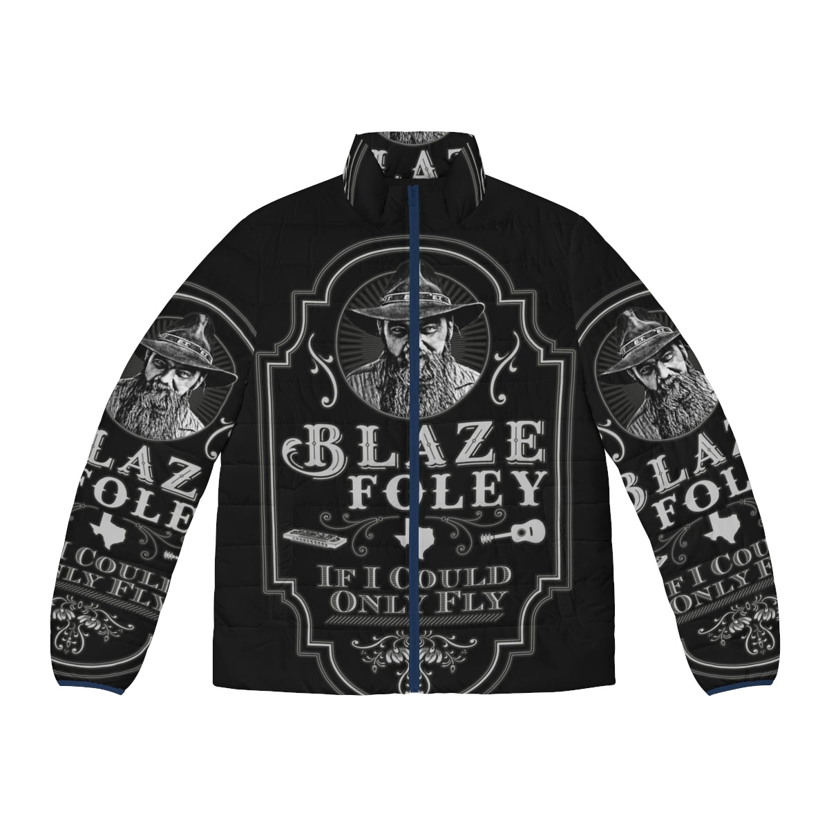 Blaze Foley tribute puffer jacket with "If I Could Only Fly" design