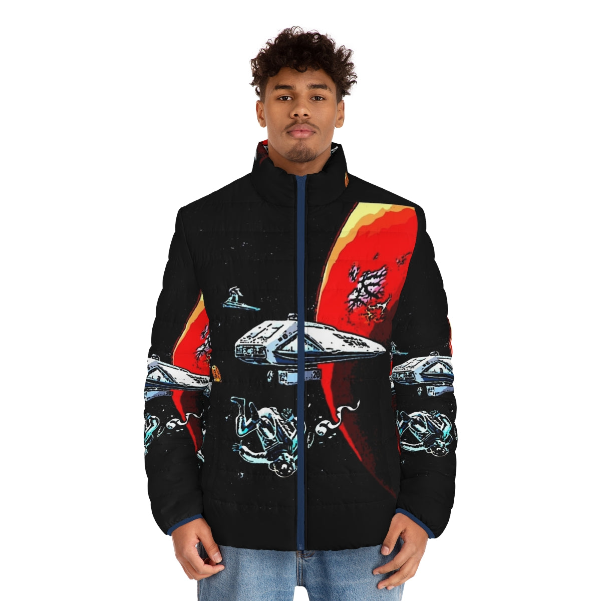 Dark Star sci-fi puffer jacket with spacecraft and retro design - men front