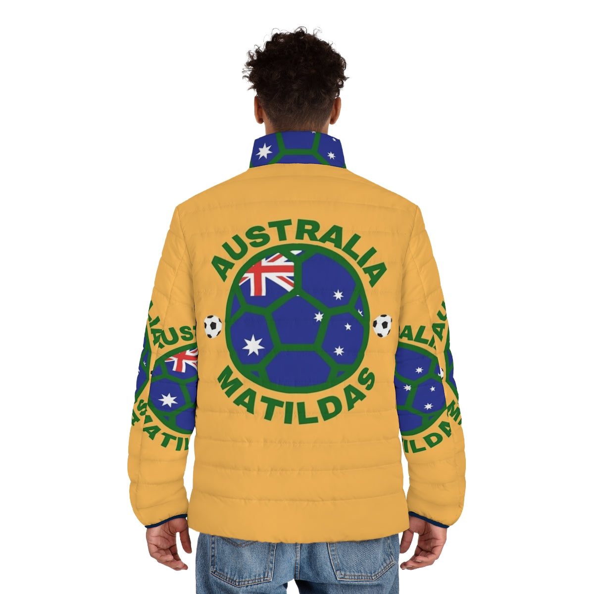 Australia Matildas Women's Soccer Team Puffer Jacket featuring the team logo and colors - men back