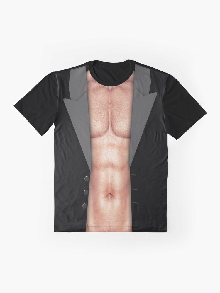 A funny and sexy graphic t-shirt featuring a muscular man - Flat lay