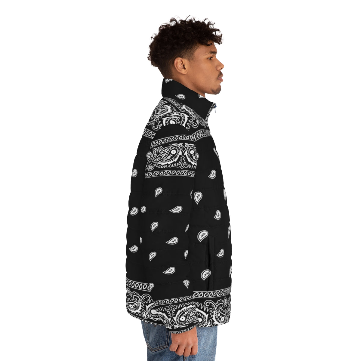 Black puffer jacket with bandana pattern for a urban and rap inspired look - men side right