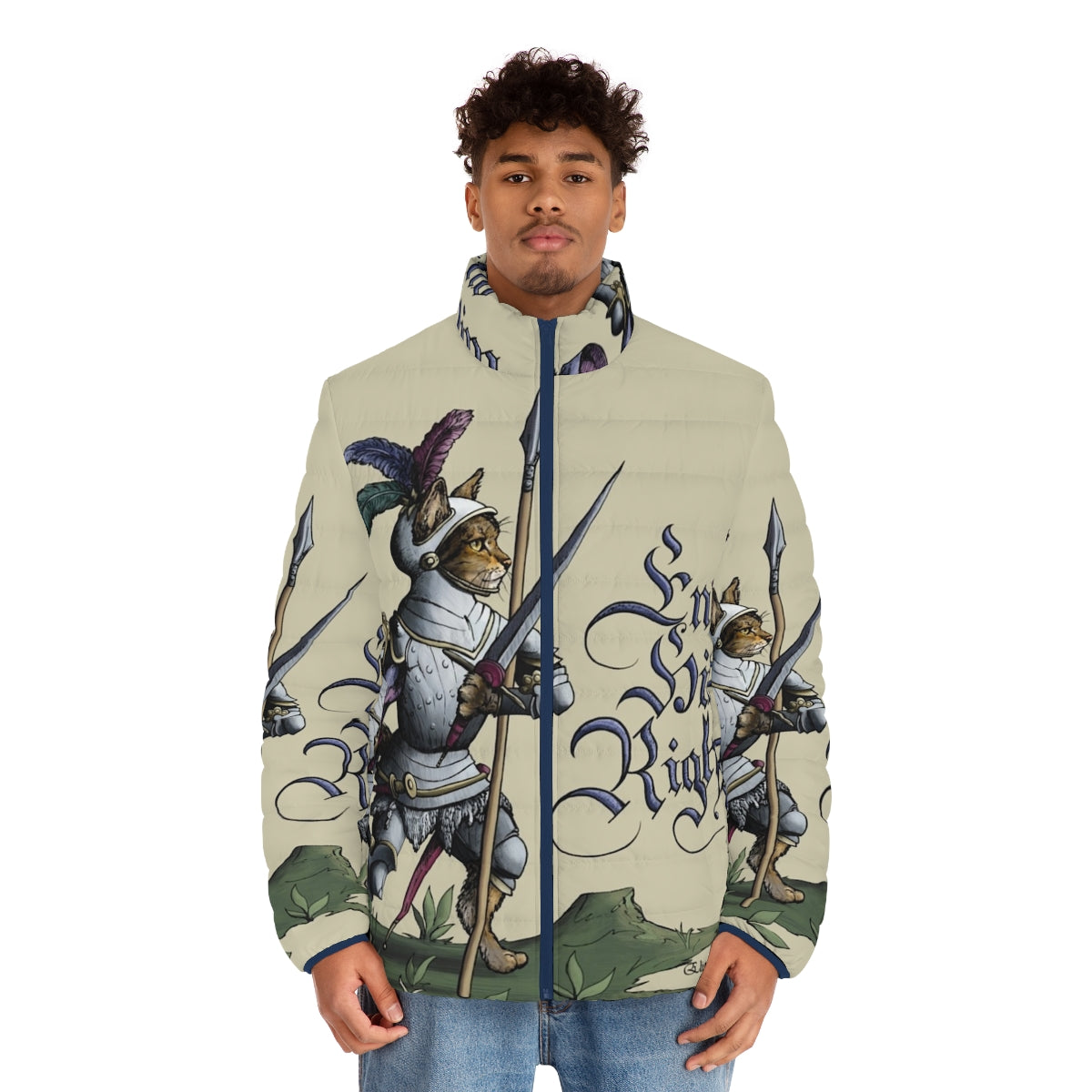 Hemanimals medieval-inspired puffer jacket with cats and historical fencing imagery - men front