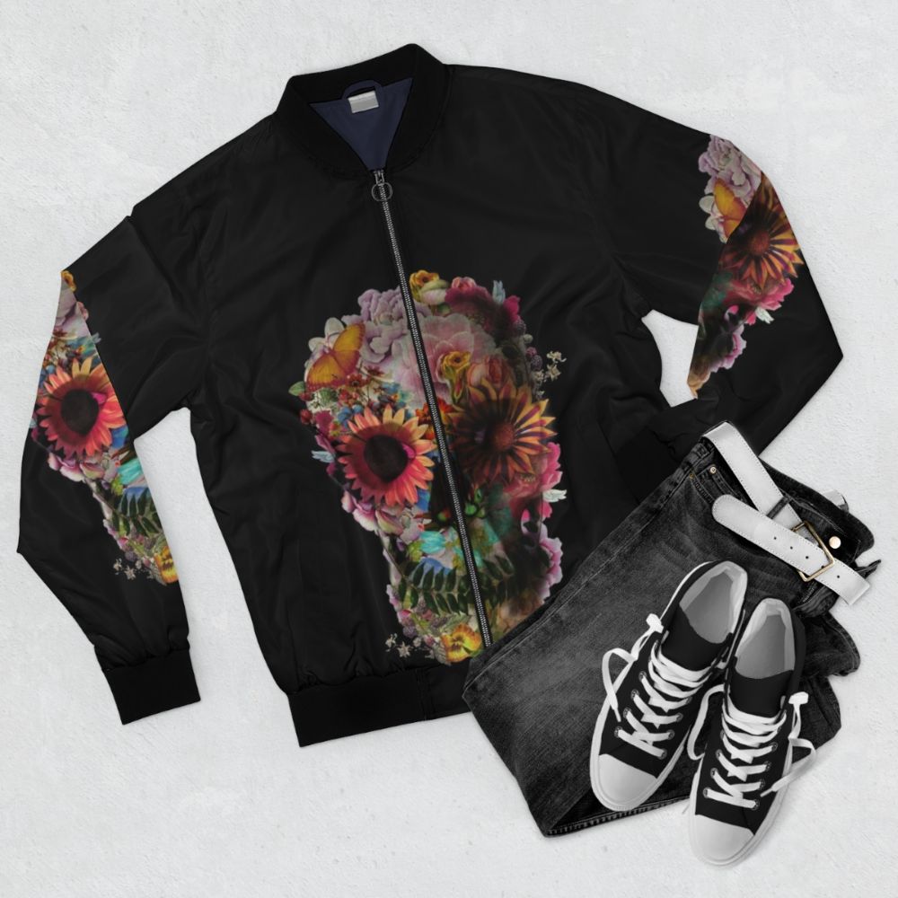 Skull Bomber Jacket with Floral and Skull Graphic Design - Flat lay