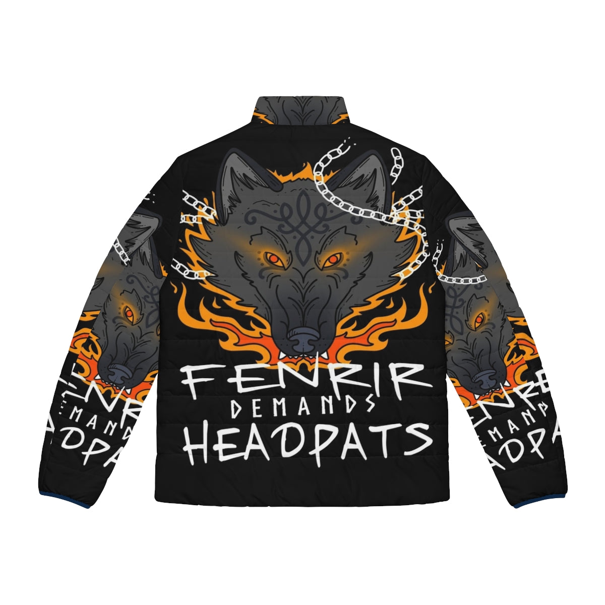 Fenrir, the mythical wolf from Norse mythology, graces this oversized puffer jacket for a bold winter look. - Back