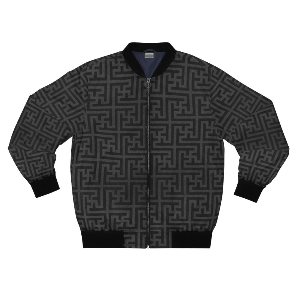 Closeup of a bomber jacket featuring a geometric pattern design with lucky symbols like the swastika and good luck cross.