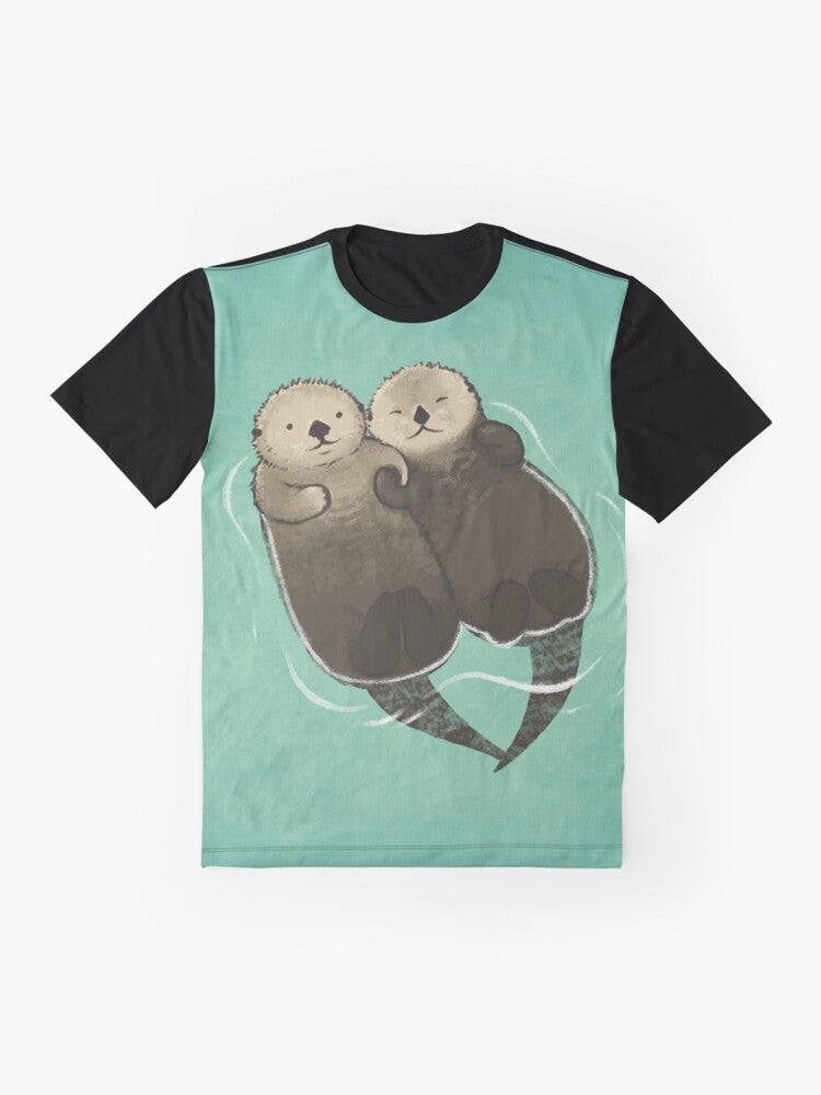 Otters holding hands graphic design on a t-shirt - Flat lay