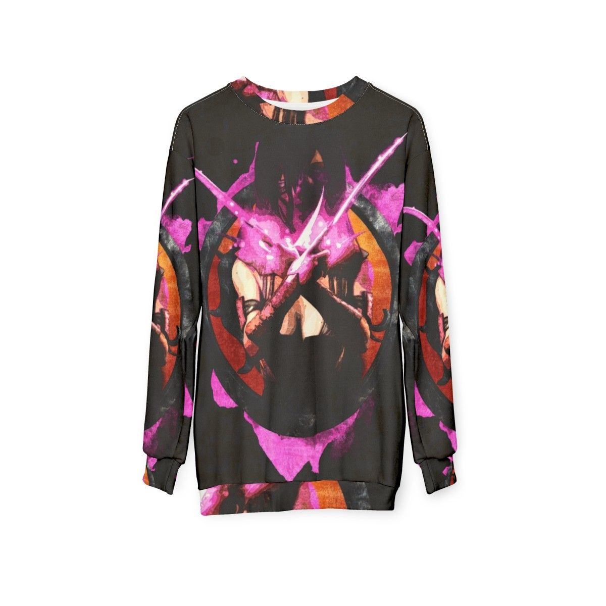 Mileena from Mortal Kombat fighting game character portrait on pink grunge sweatshirt - hanging