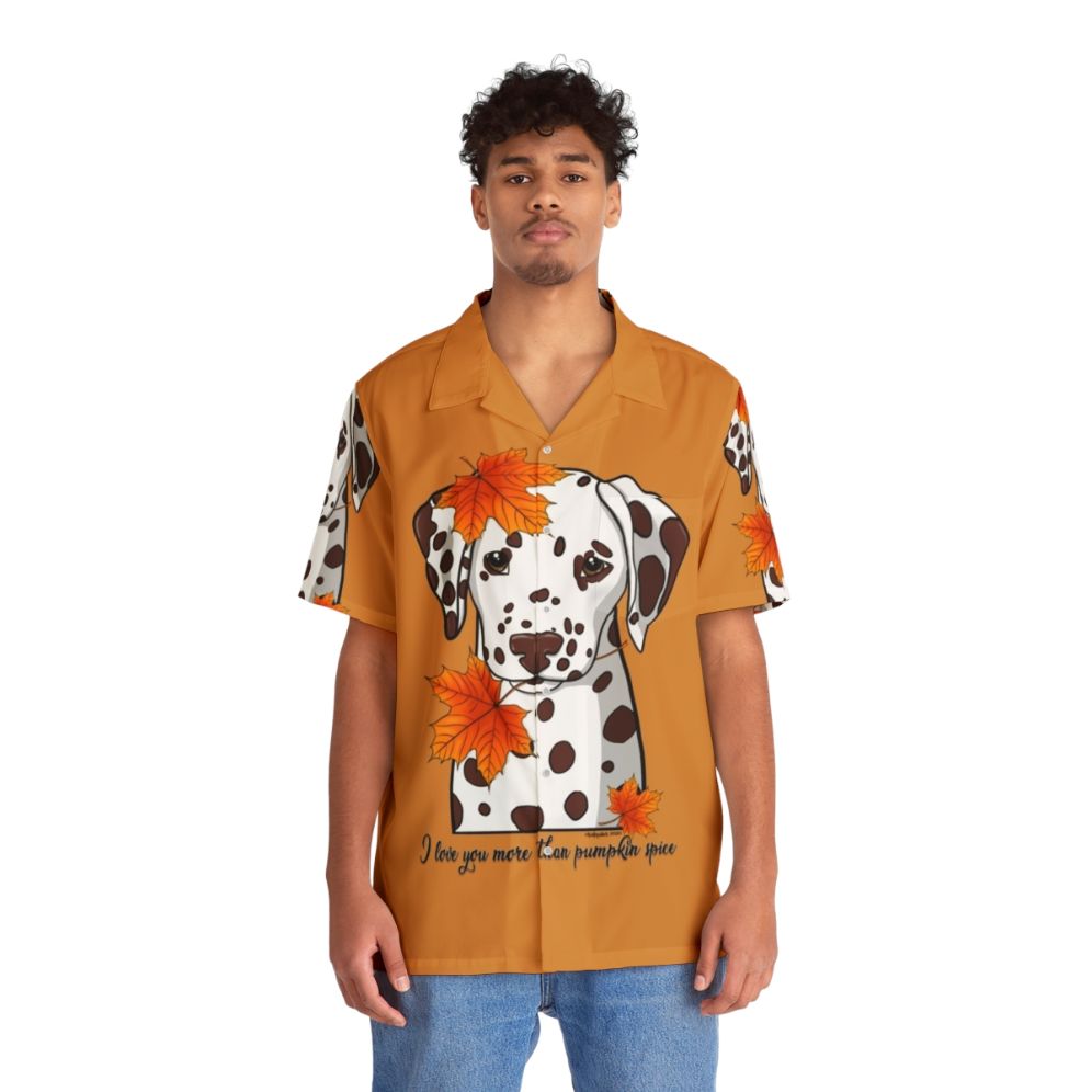 Dalmatian wearing a Hawaiian shirt with pumpkin spice and autumn leaves - People Front