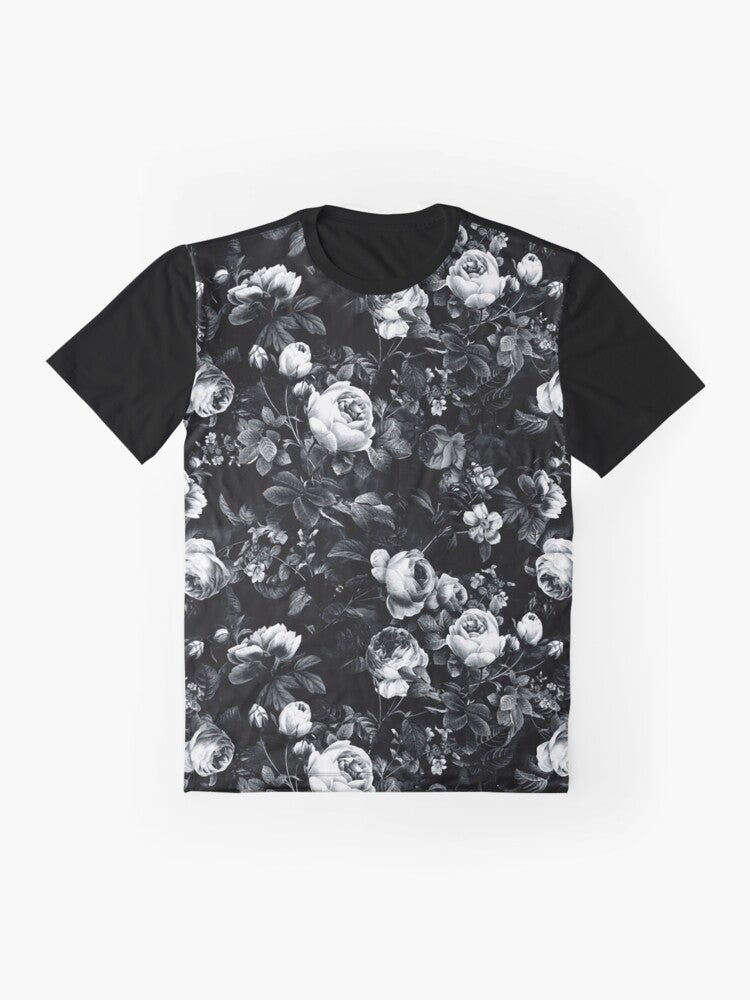 Black and white roses graphic design on a t-shirt - Flat lay