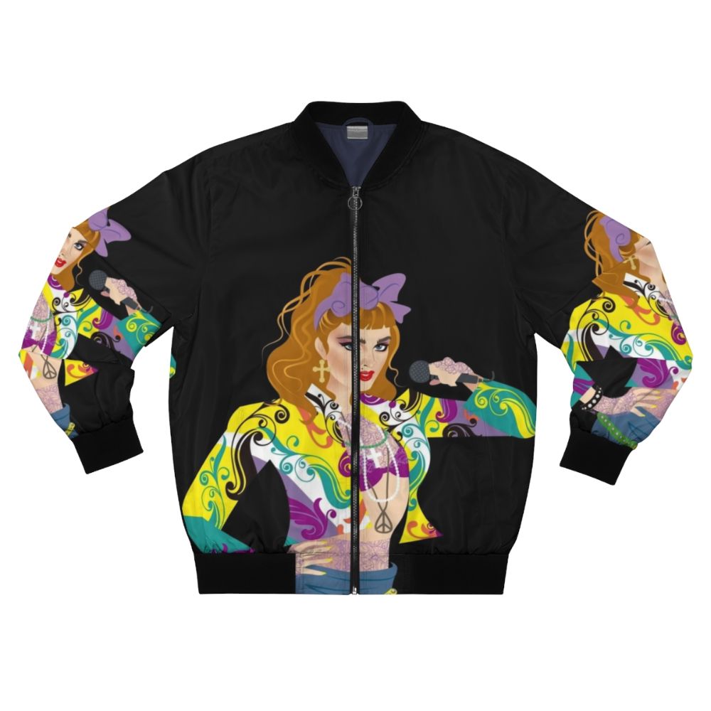 Bomber jacket with "Dress you up" text and music/pop art design