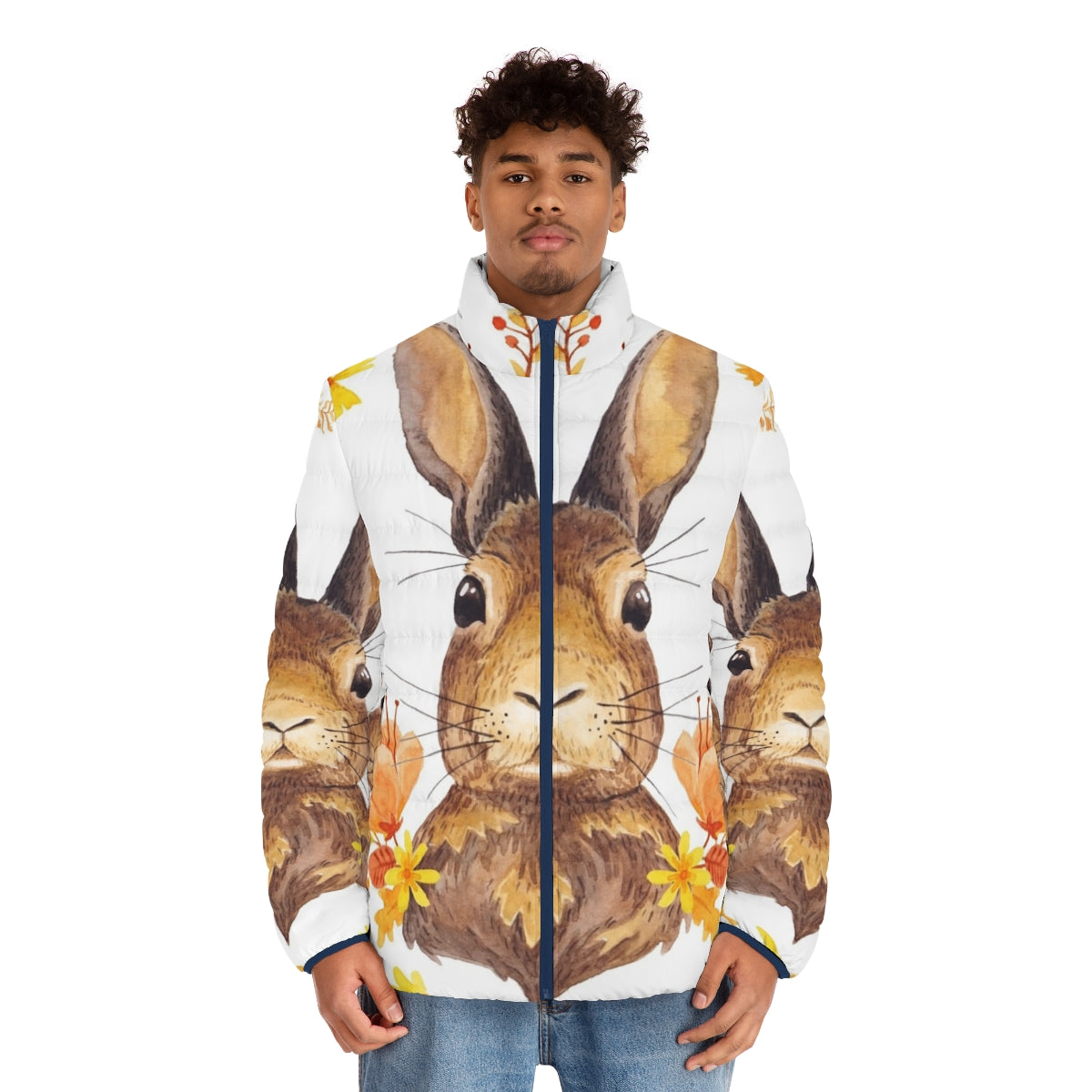 Autumn Bunny Puffer Jacket featuring cute rabbit print and fall foliage - men front