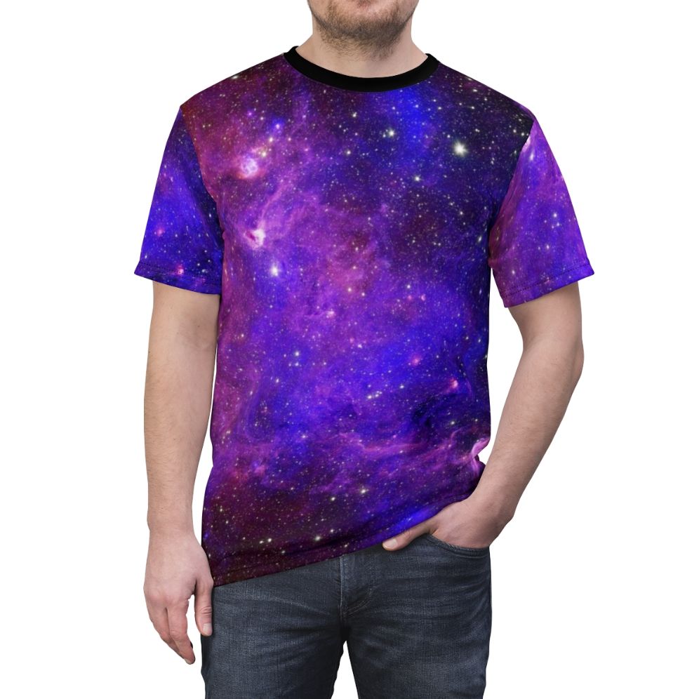 Vibrant cosmic galaxy design t-shirt with a colorful print of stars, nebulae, and other celestial bodies - men front