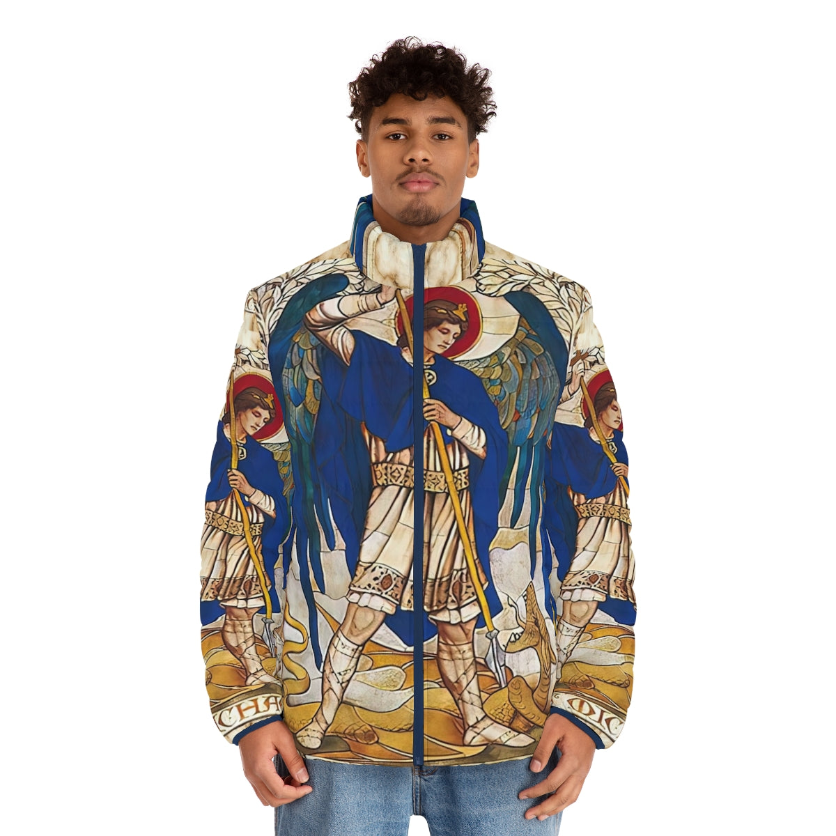 Puffer jacket featuring an image of Archangel Michael, the patron saint of protection against evil - men front