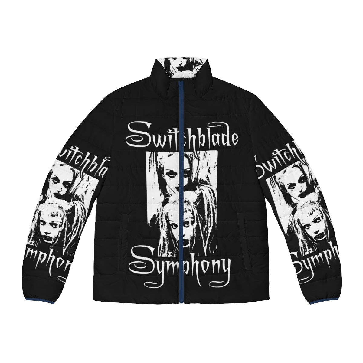 Switchblade Symphony puffer jacket featuring a dark, gothic design perfect for the cold winter months