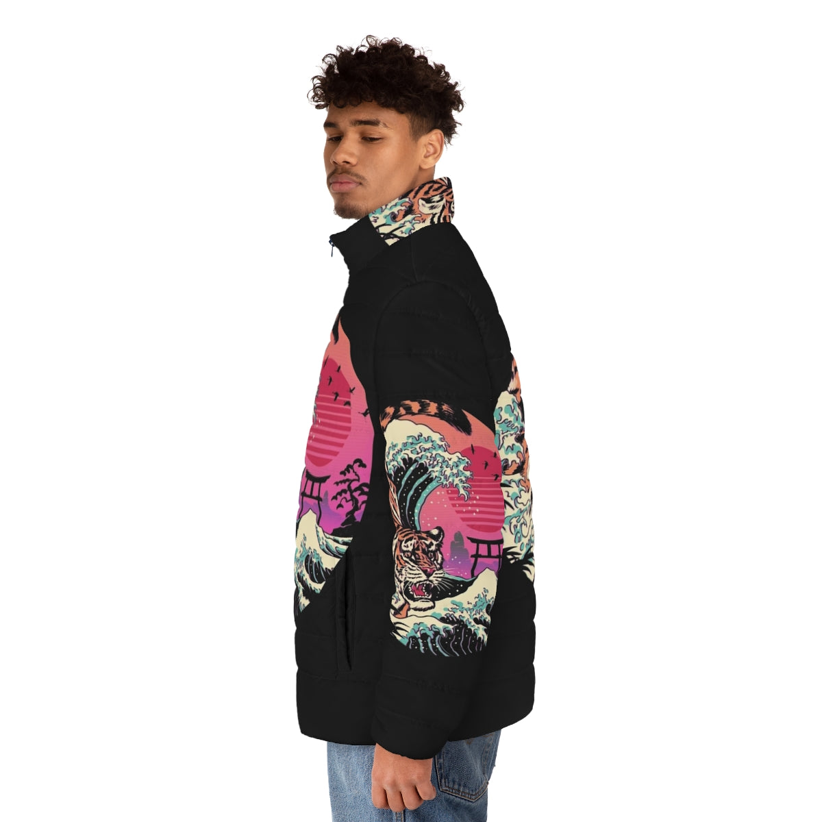 Retro puffer jacket with tiger wave graphic design - men side left