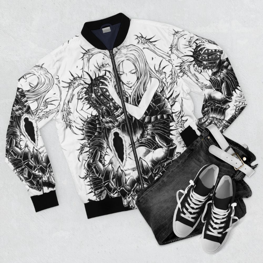 Dark Souls-inspired bomber jacket with a unique "Kirk of Thorns" design - Flat lay