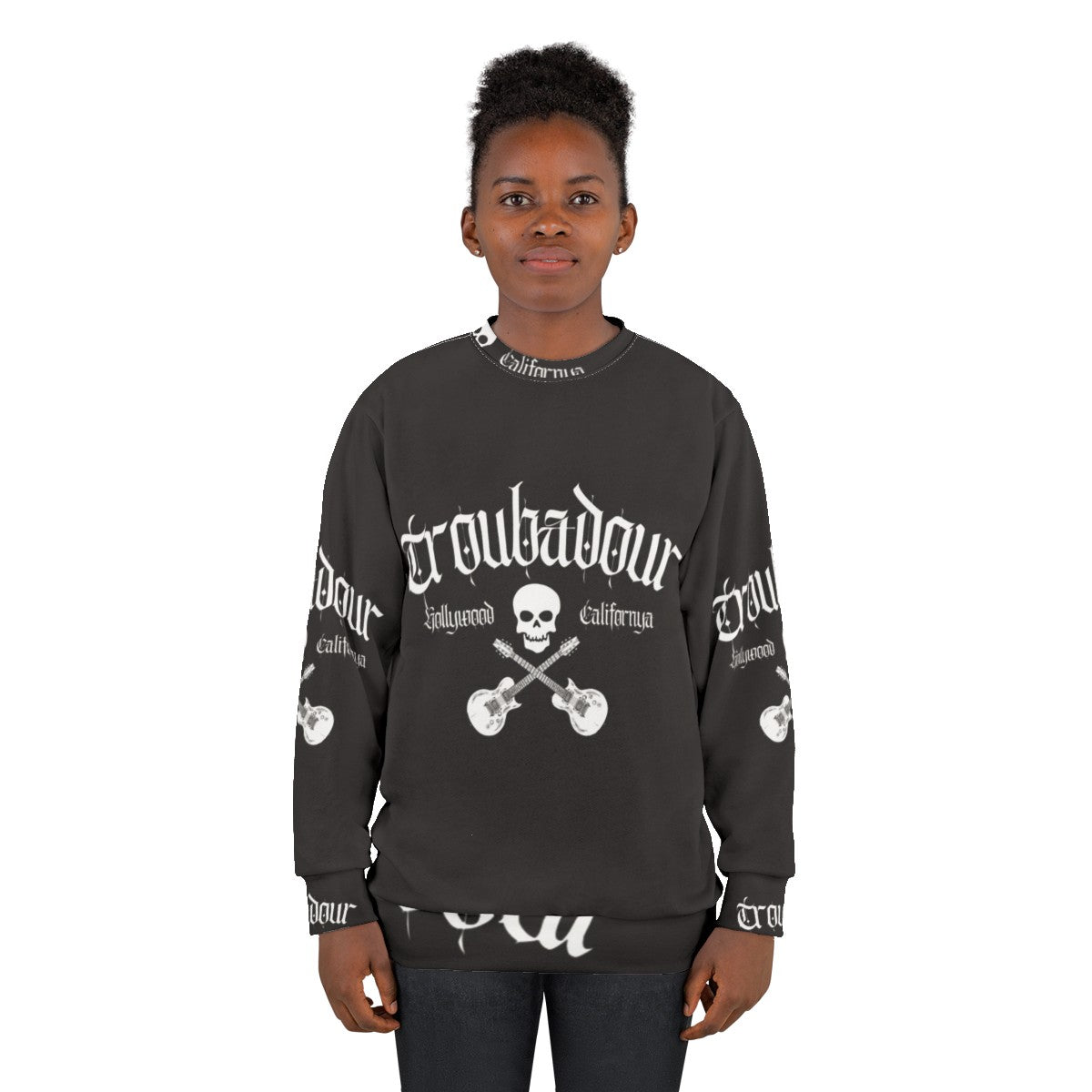 Troubadour Sweatshirt featuring classic 80s rock band skull graphic - women