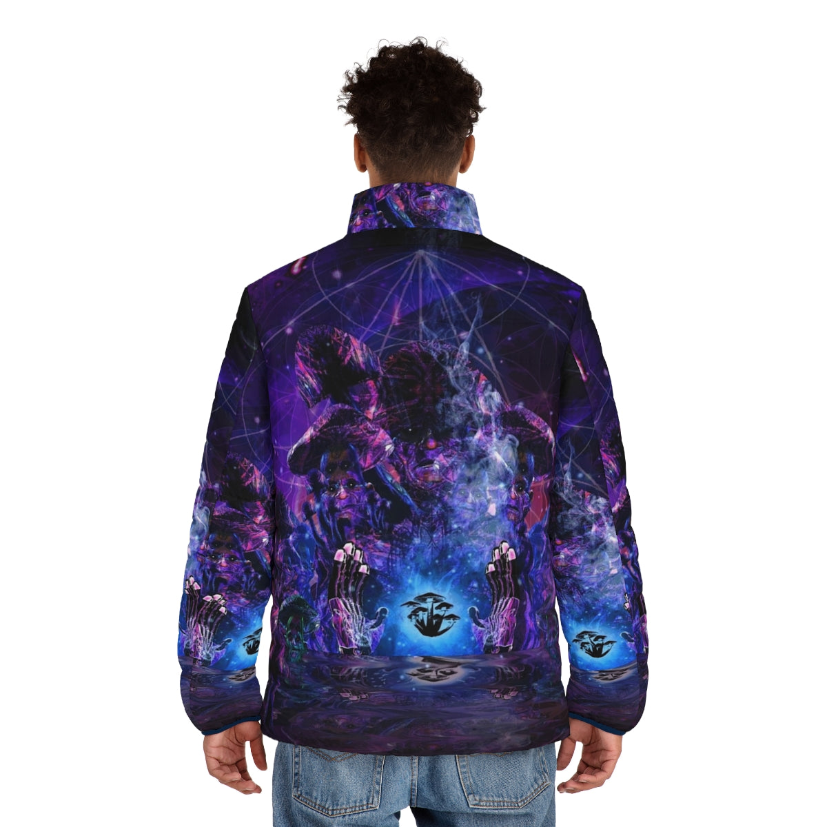 Colorful psychedelic fractal puffer jacket with mind-expanding visuals - men back