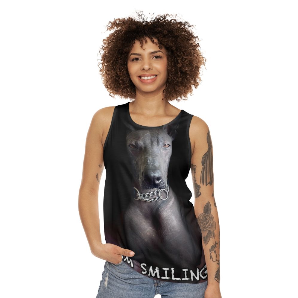 Unisex tank top with "I Am Smiling" design for xoloitzcuintle dog lovers - women