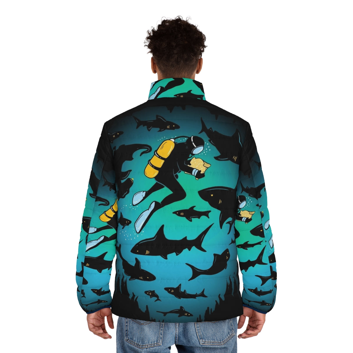 Puffer jacket with a screwed funny shark and diver illustration - men back