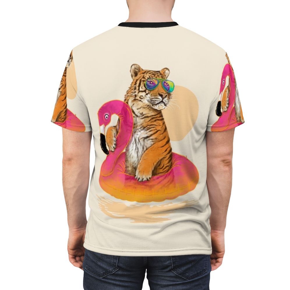 Artistic illustration of a chillin' flamingo and tiger on a pastel tropical t-shirt design - men back