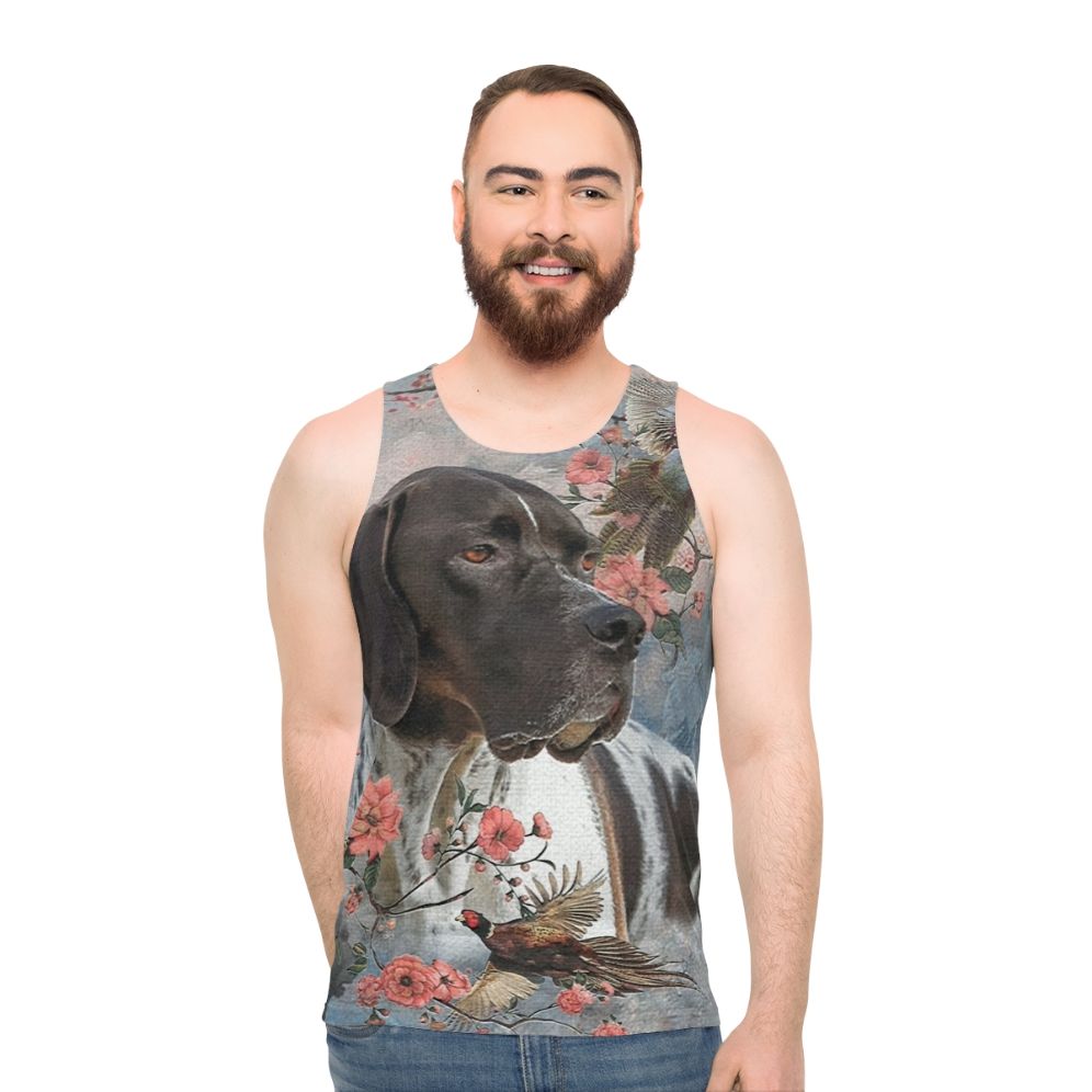 Pointer dog with pheasants on a unisex tank top - men