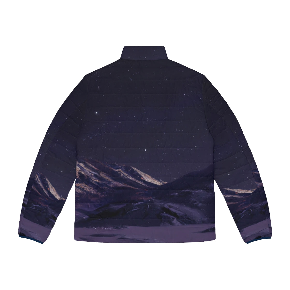 Person wearing a puffer jacket standing in front of a starry night sky and mountains - Back