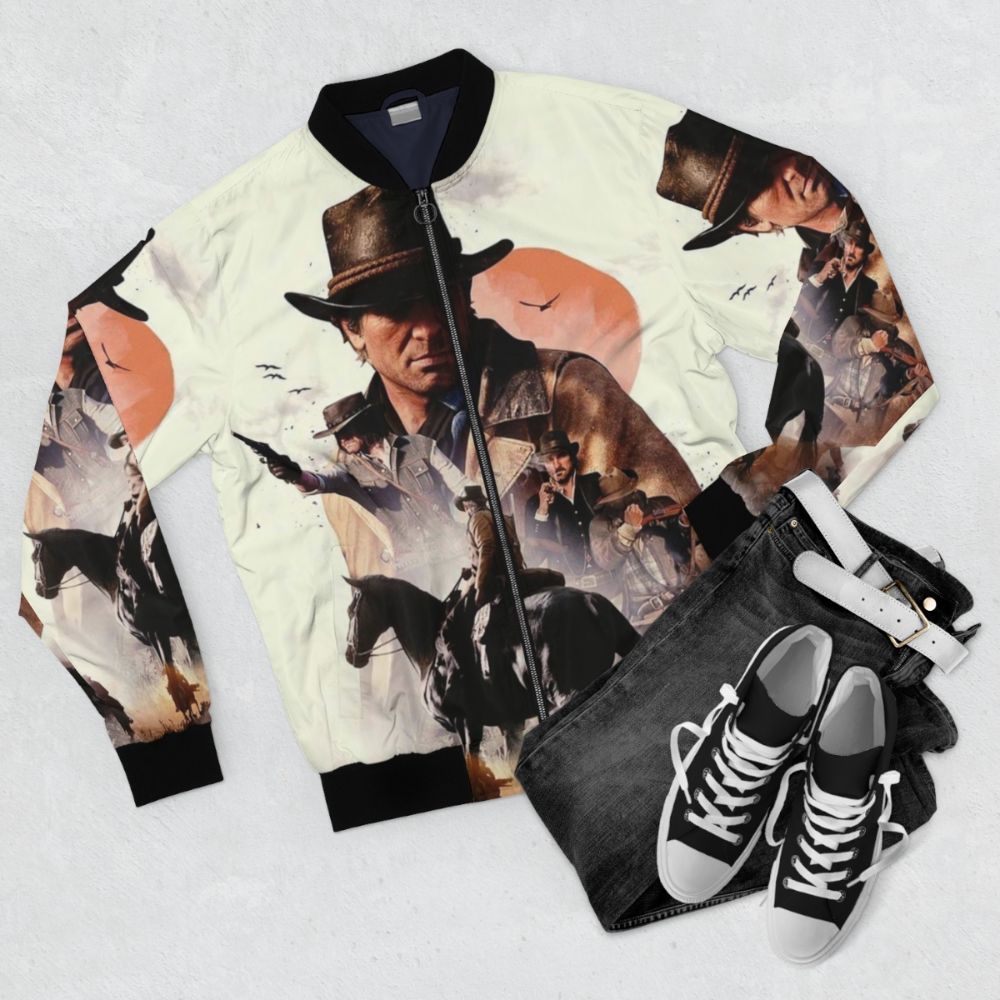 Arthur Morgan Bomber Jacket - Red Dead Redemption 2 Gaming Gear with Western, Cowboy, and Gun Motifs - Flat lay