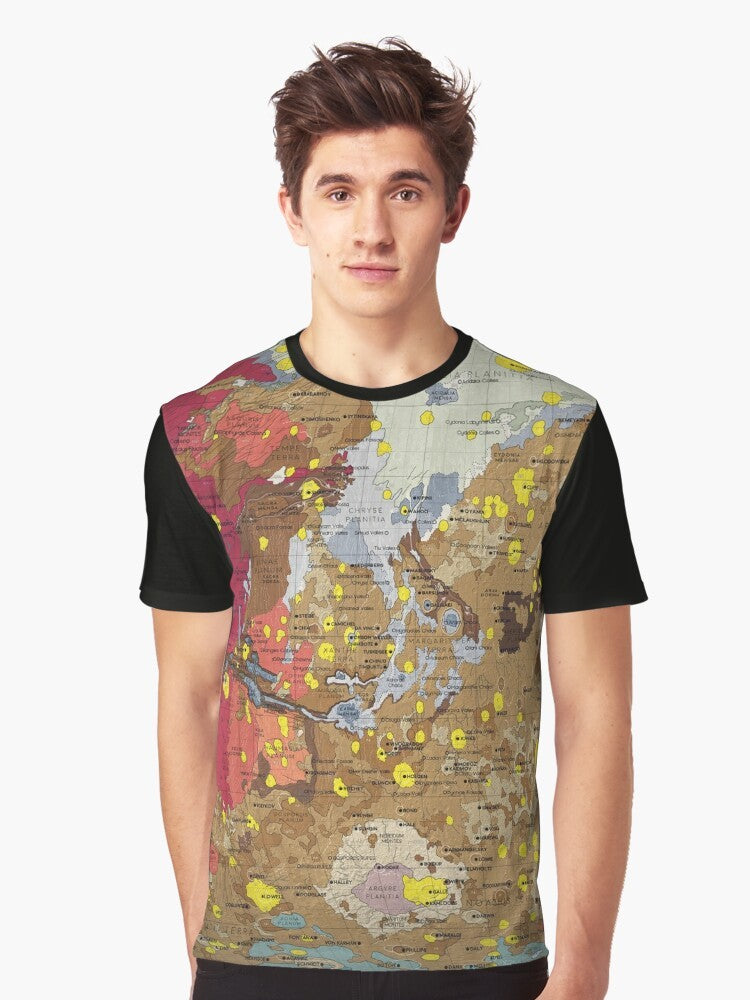 Graphic t-shirt design featuring a map of the geology of Mars, including information about the planet's surface features and terrain. - Men