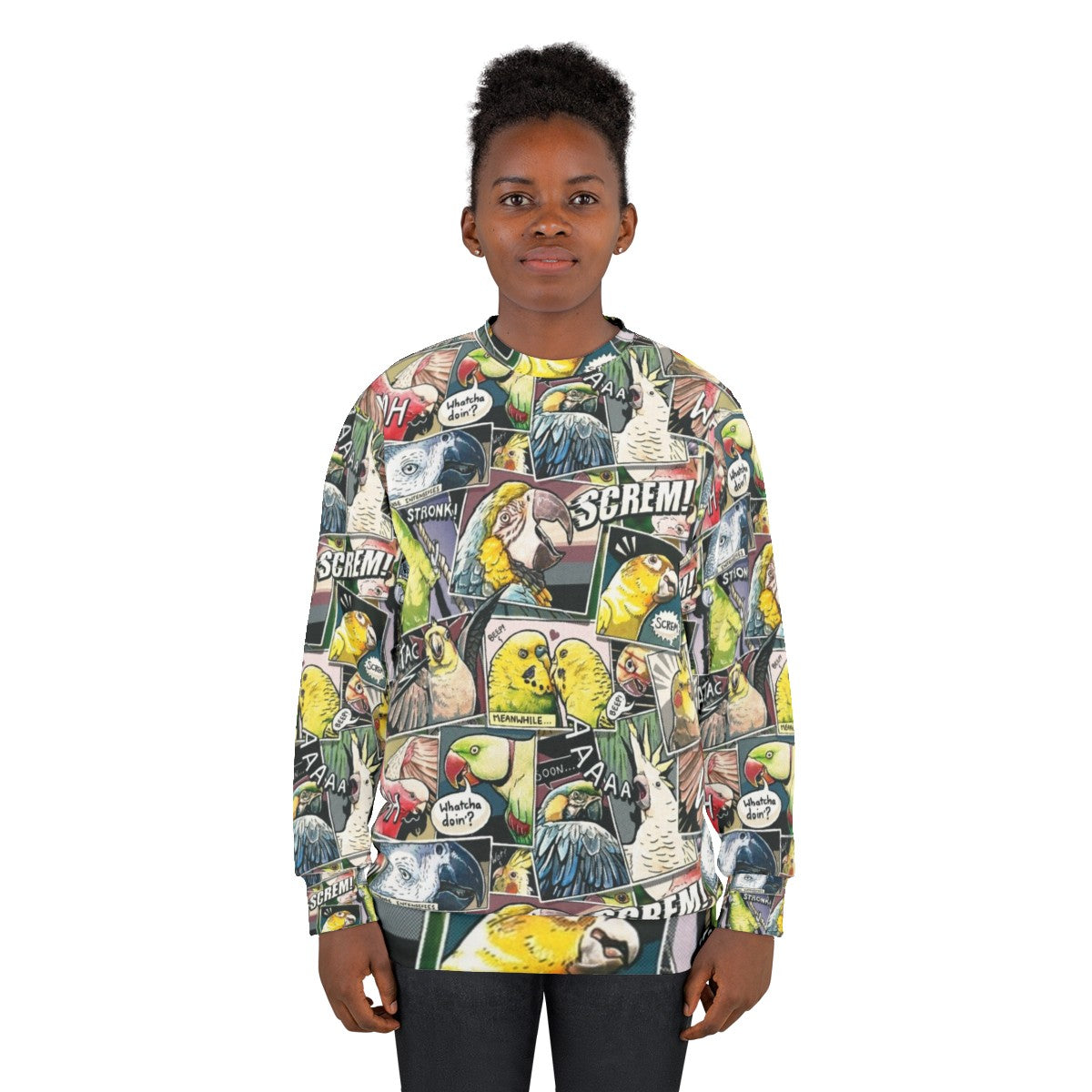 Parrot-themed sweatshirt with a comic-inspired design - women