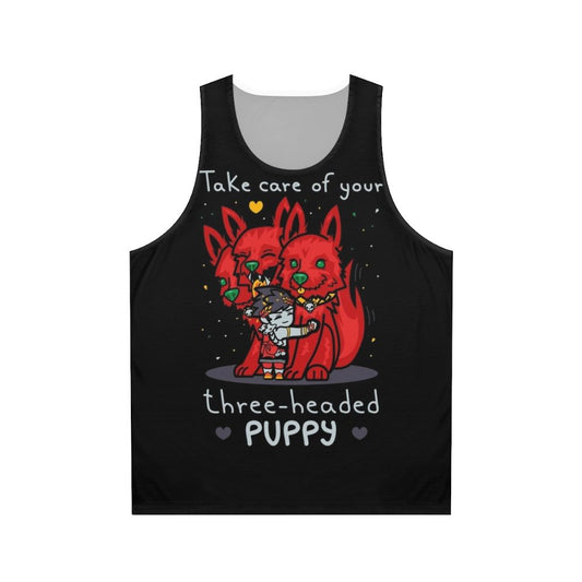 Three-headed puppy design on a white unisex tank top