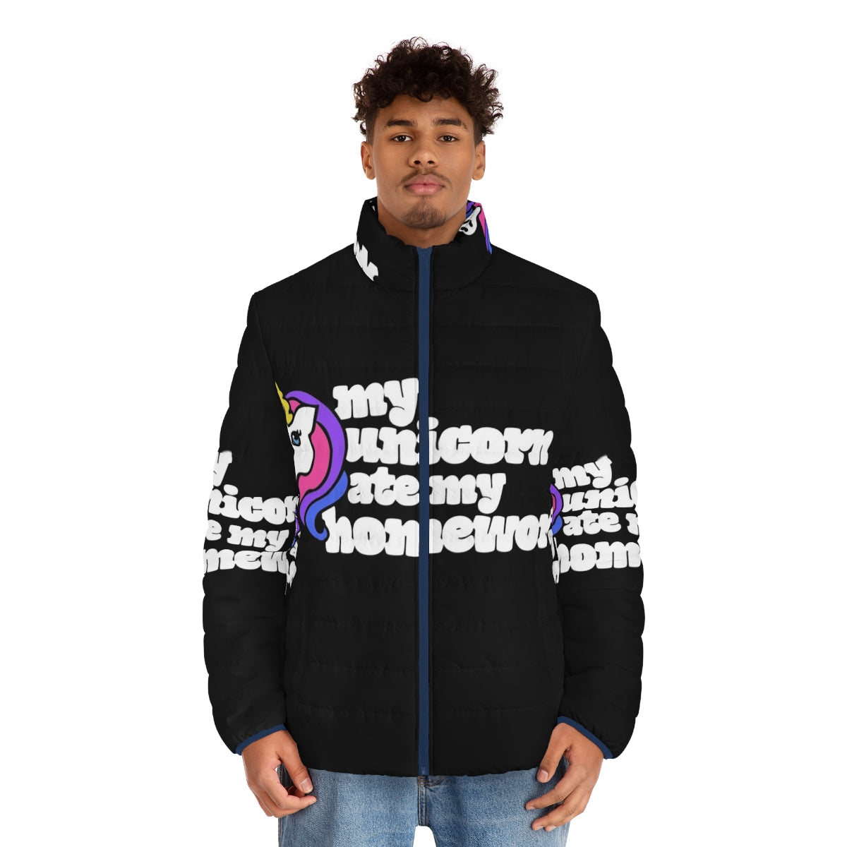 A colorful puffer jacket with a unicorn design - men front