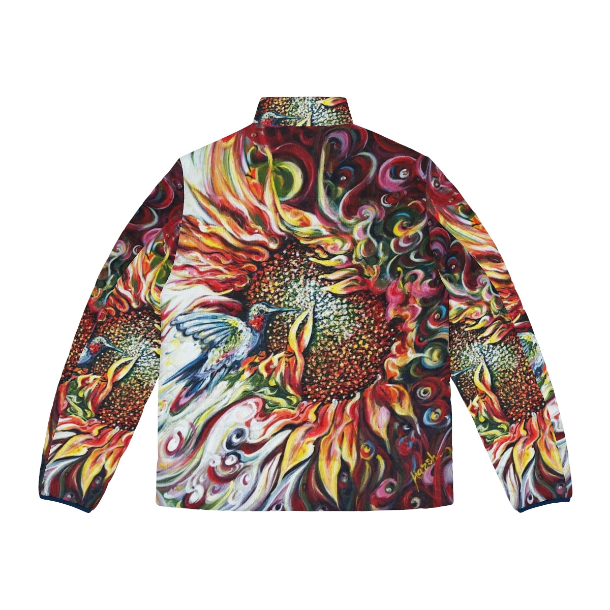 Sunflowers and hummingbird puffer jacket, a nature-inspired and colorful outerwear option - Back