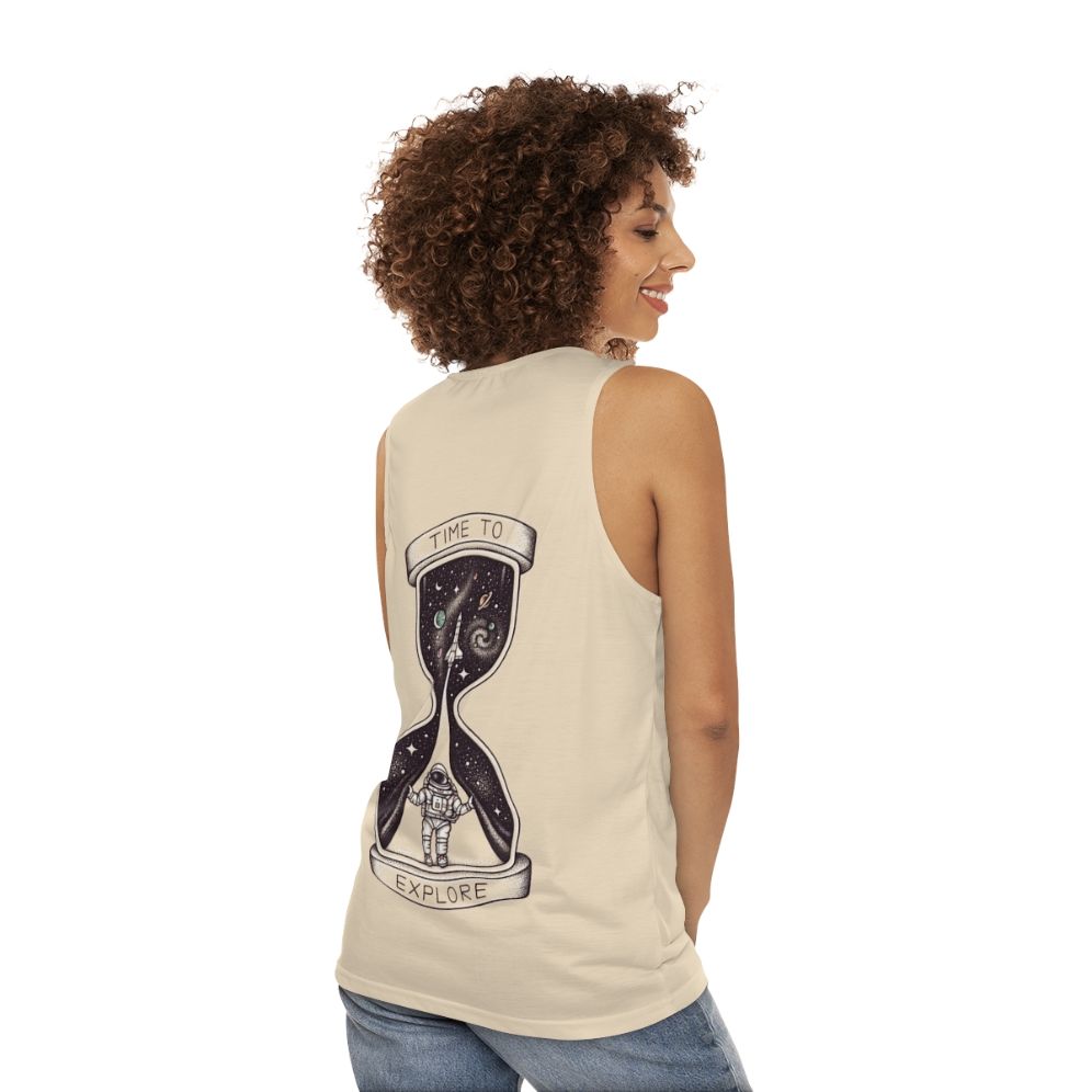 Unisex space-themed tank top with galaxy and planetary design - women back