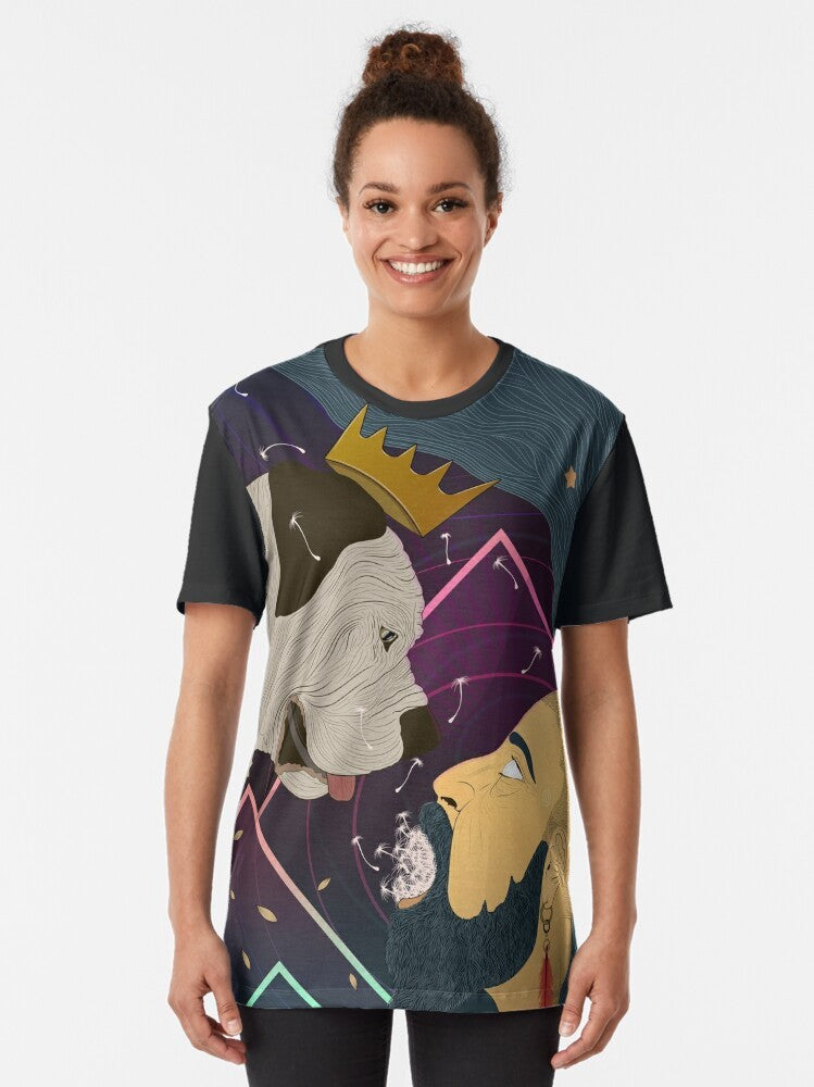 Graphic t-shirt design featuring the Tarot card 'The Fool' with a long-haired man and his dog - Women