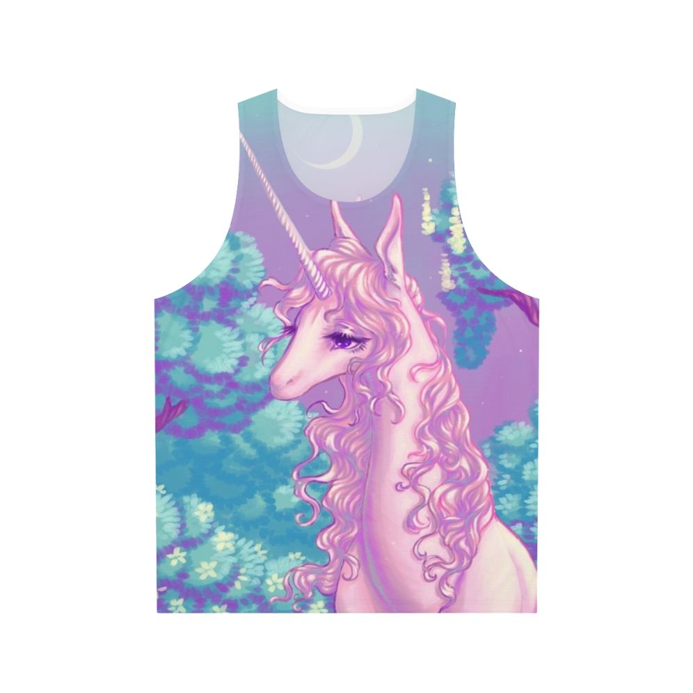 Unisex tank top featuring a glowing unicorn design in a forest setting from the classic 80s fantasy movie 'The Last Unicorn'