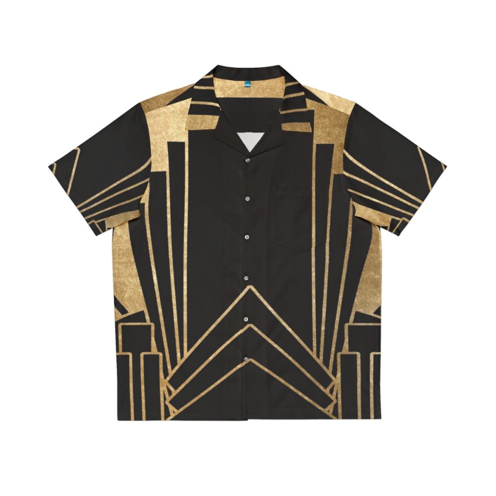 Art deco inspired hawaiian shirt with geometric pattern in gold and neutral tones