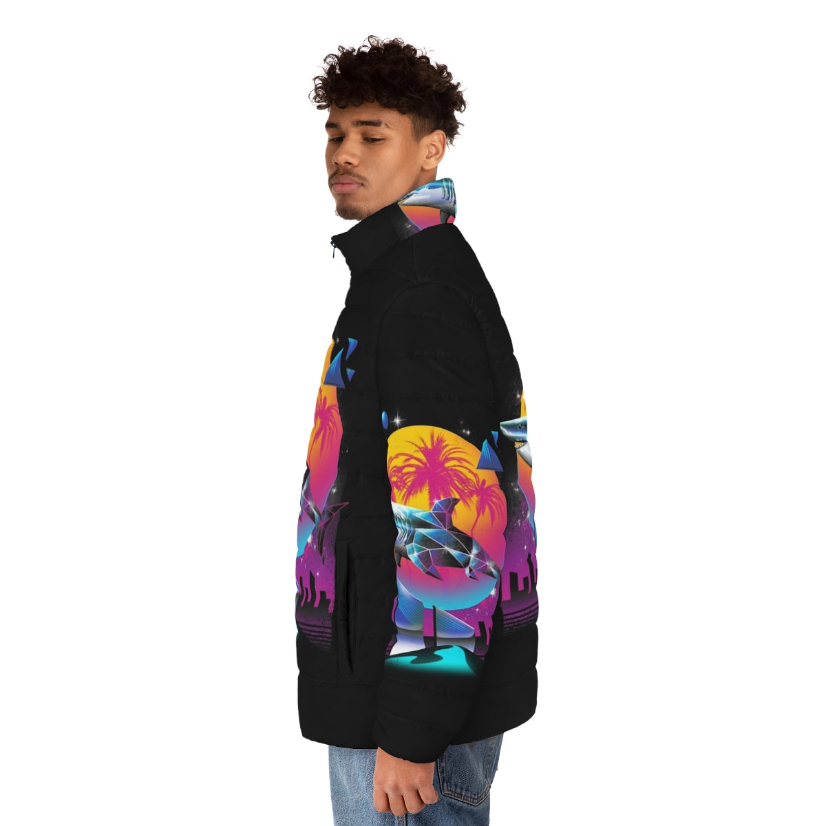 Rad Shark Puffer Jacket with bold animal print and neon accents - men side left