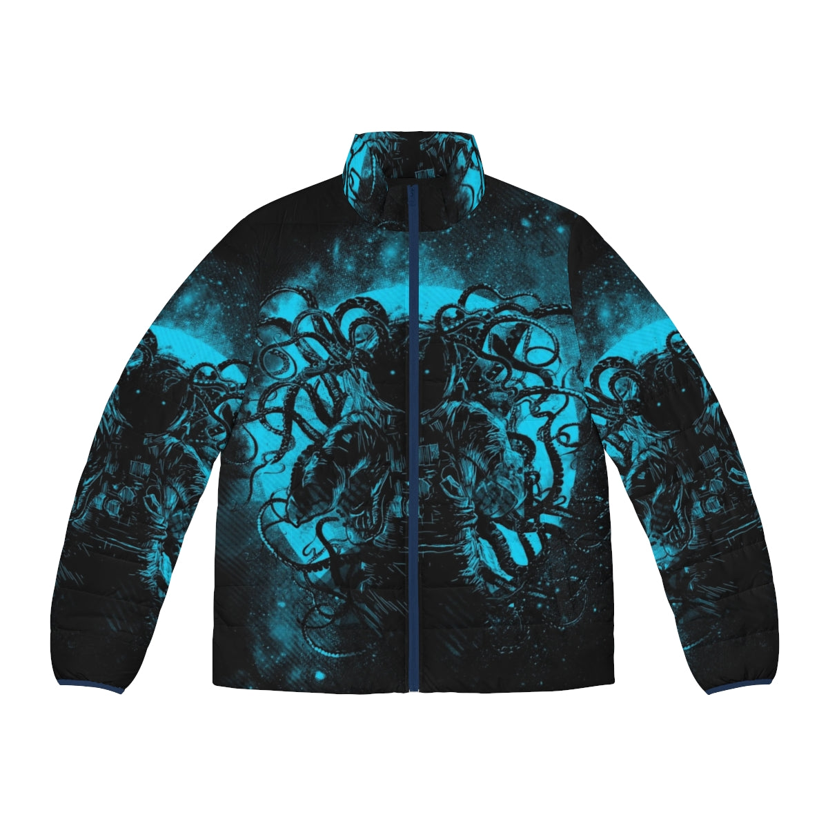 Puffer jacket with cosmic horror design, featuring Cthulhu-inspired tentacles and deep space elements