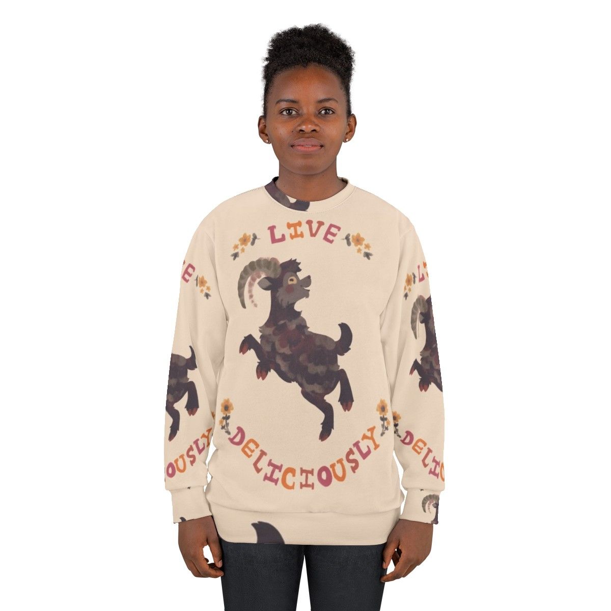 Live Deliciously Sweatshirt with Witch, Horror, and Halloween Imagery - women