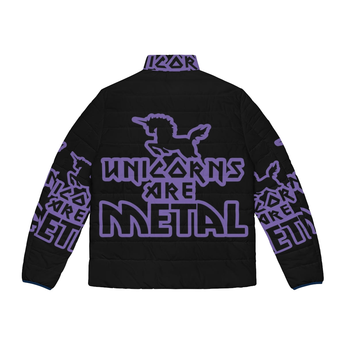 Unicorns Metal Puffer Jacket featuring a metallic purple design and heavy metal-inspired graphics - Back