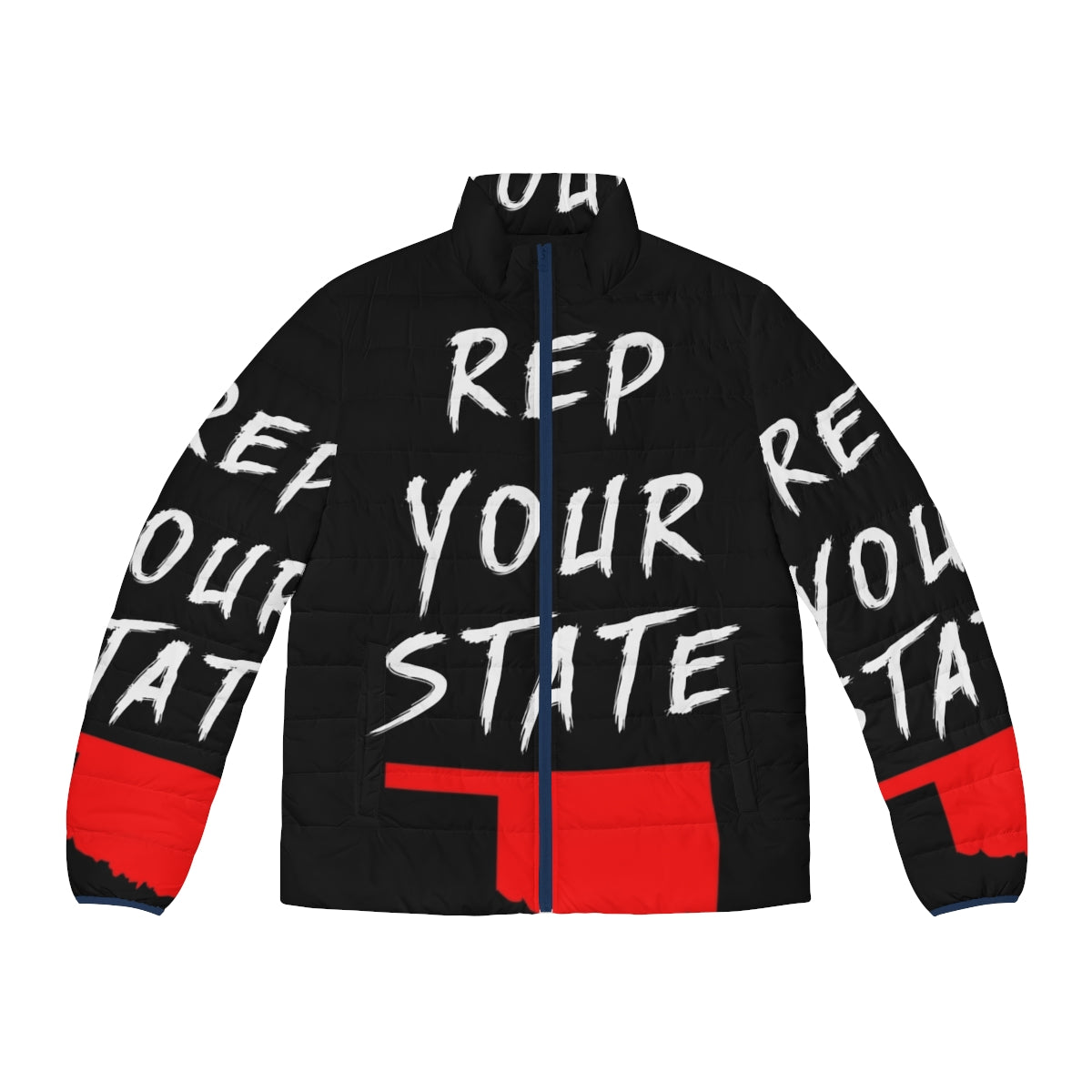 Oklahoma state pride puffer jacket featuring the state outline and flag design