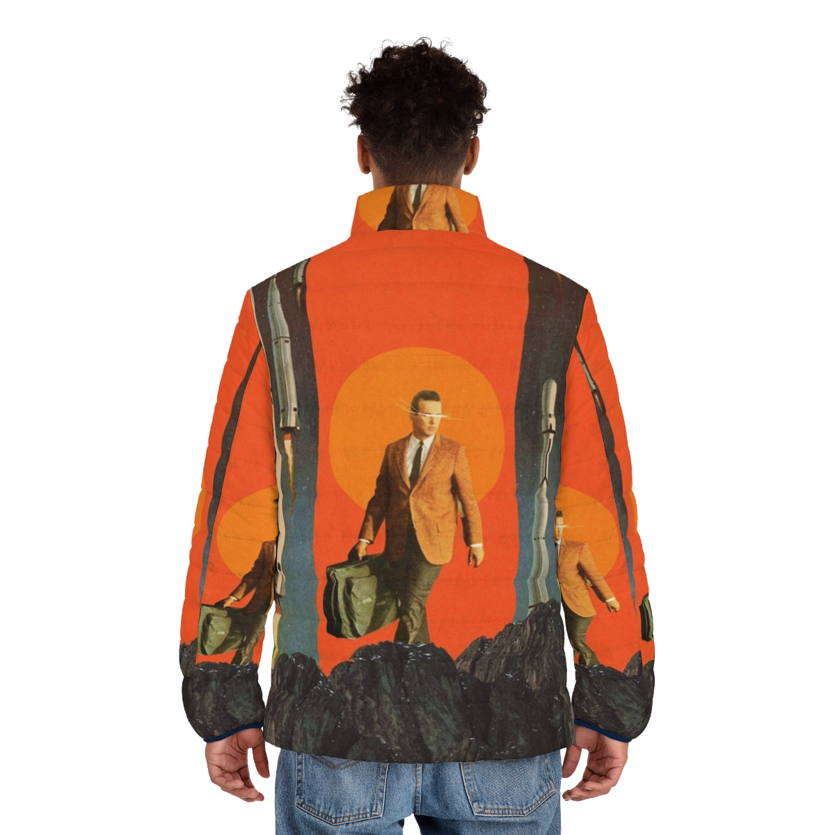 Retro puffer jacket in a surreal, vintage-inspired digital collage with space, mountains, and sky imagery - men back