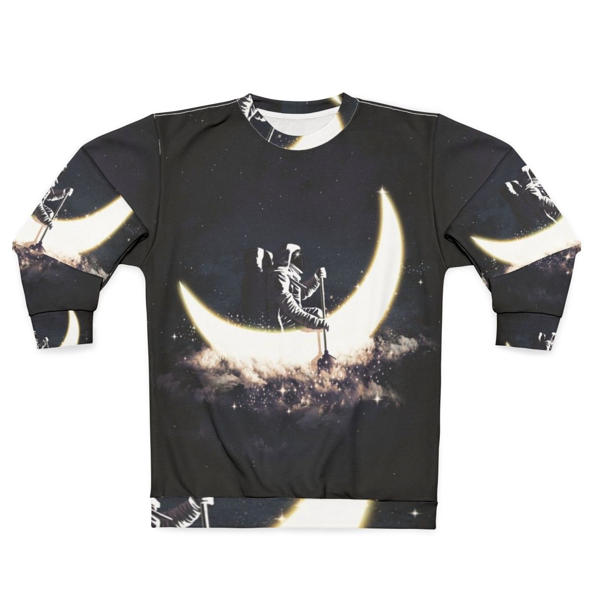 Cosmic Moon Sailing Sweatshirt featuring an abstract space and astronaut design