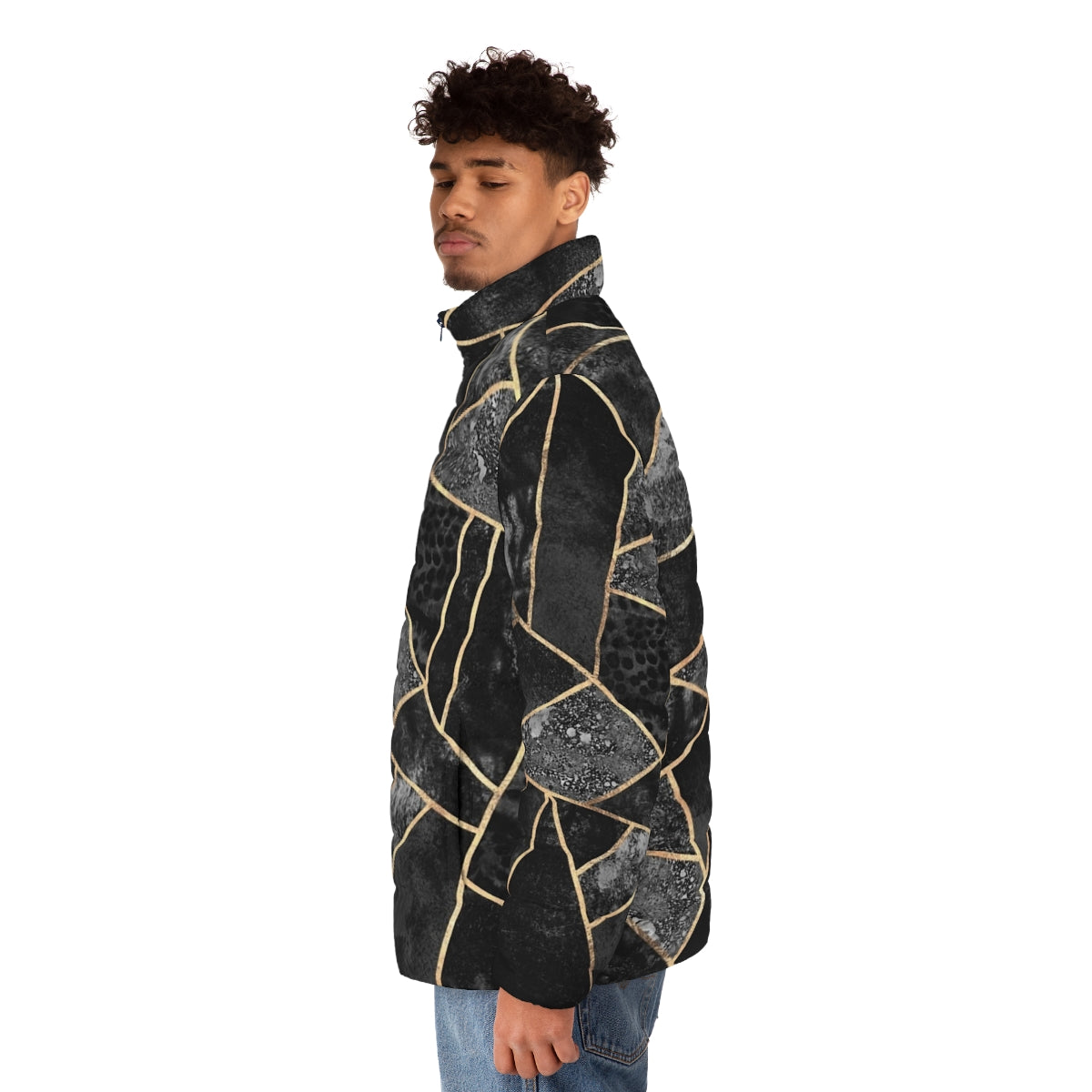 Black Stone 2 Geometric Puffer Jacket with Abstract Pattern - men side left