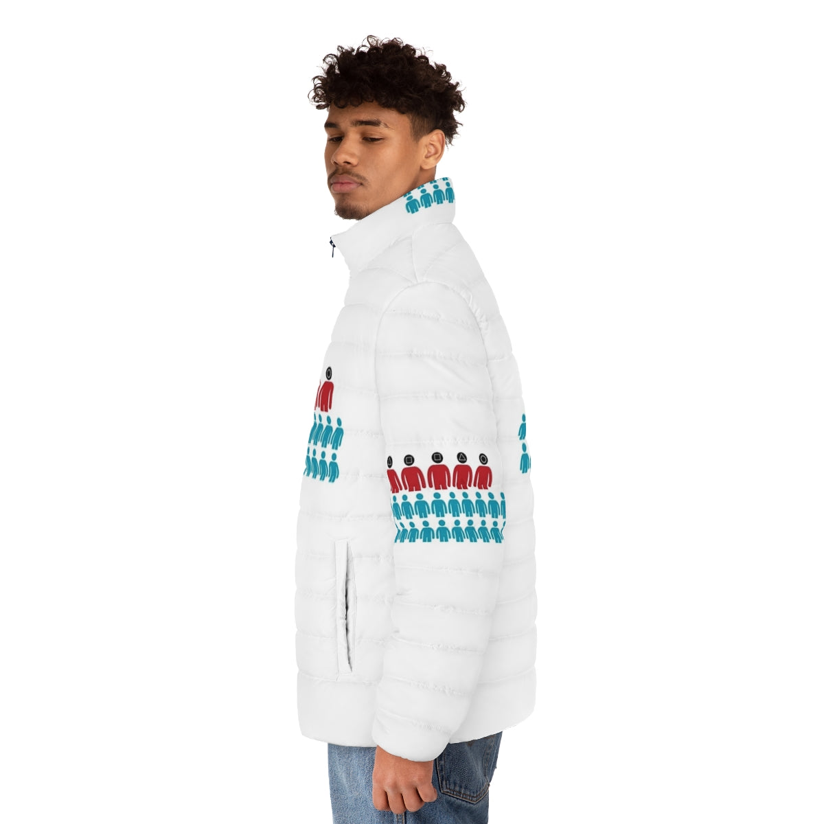 Squid Game Players Short Puffer Jacket, featuring the iconic Squid Game design - men side left