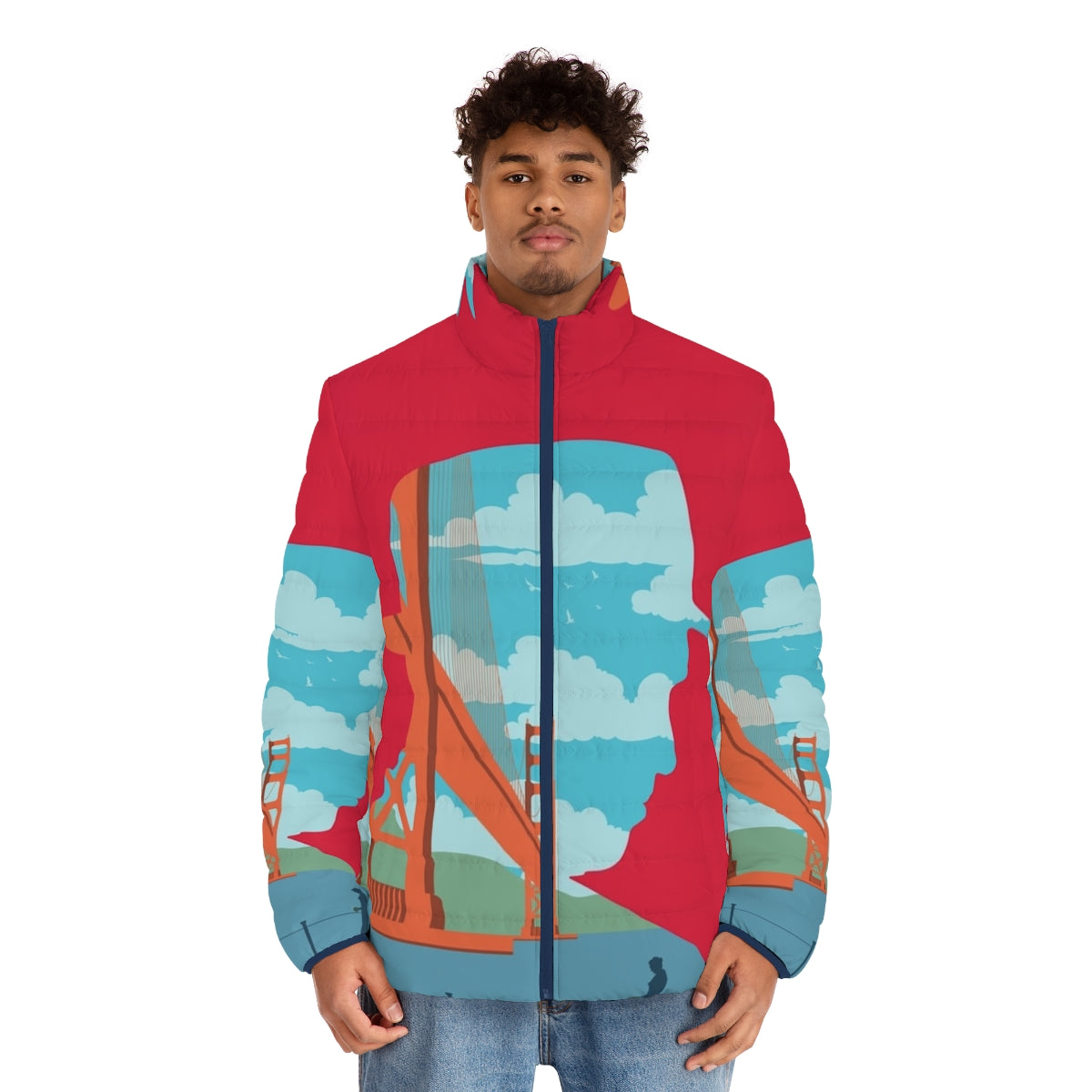 Vertigo movie inspired puffer jacket with minimalist cult classic design - men front