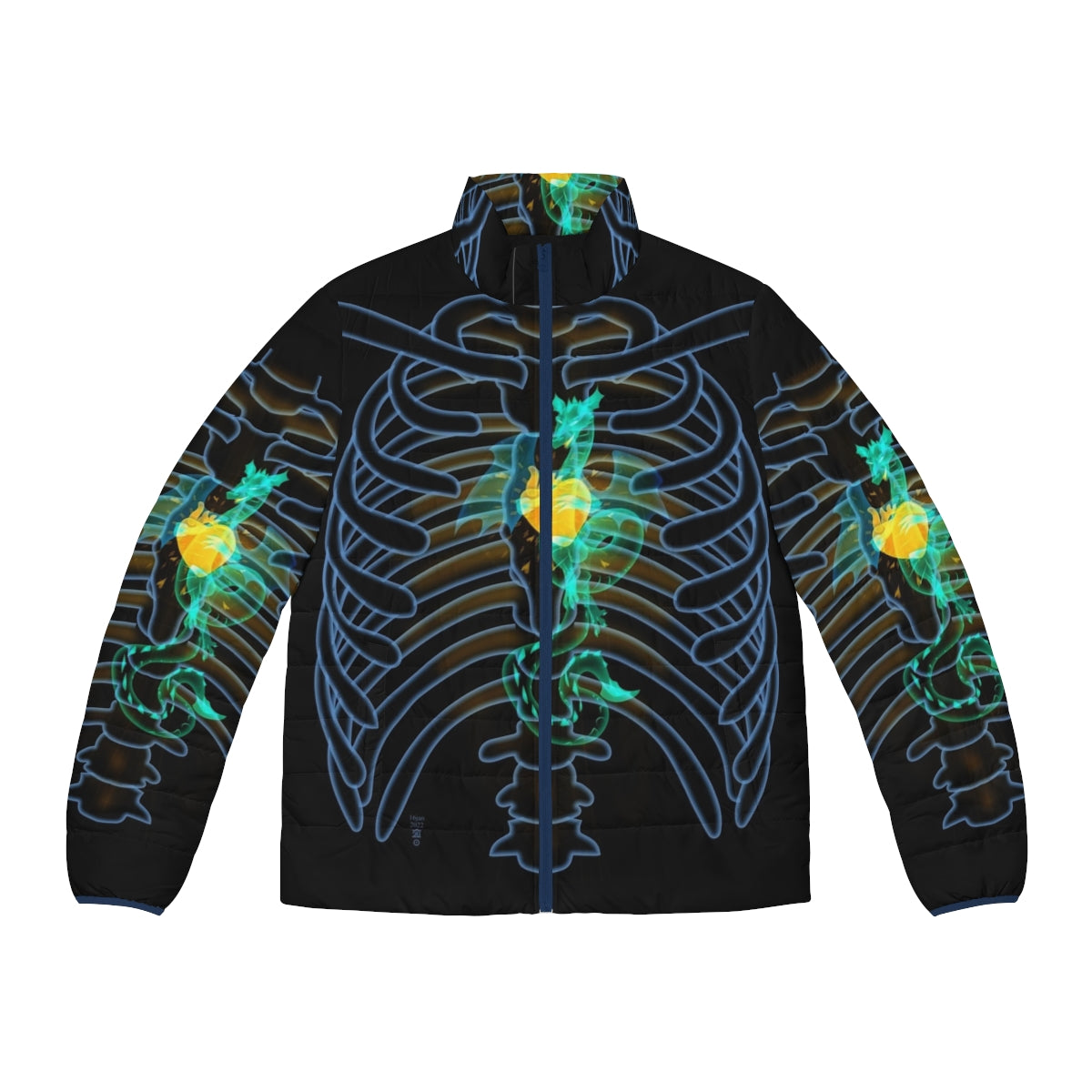 A man wearing a puffer jacket with a glowing dragon x-ray design on the chest